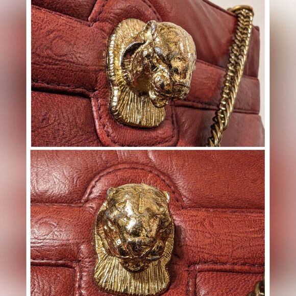 Vintage Ruth Saltz Shoulder Bag Retro 80s Burgundy Ostrich Leather Cougar Head - Picture 9 of 12